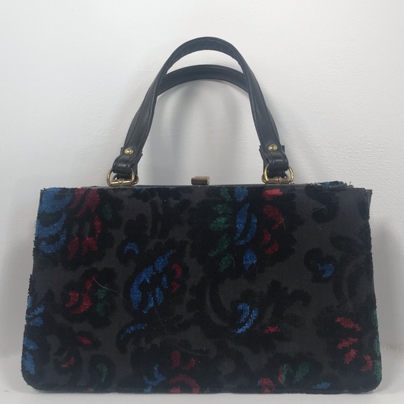 Vintage Handbags - Vintage Kadin Black Floral Mini Handle Bag